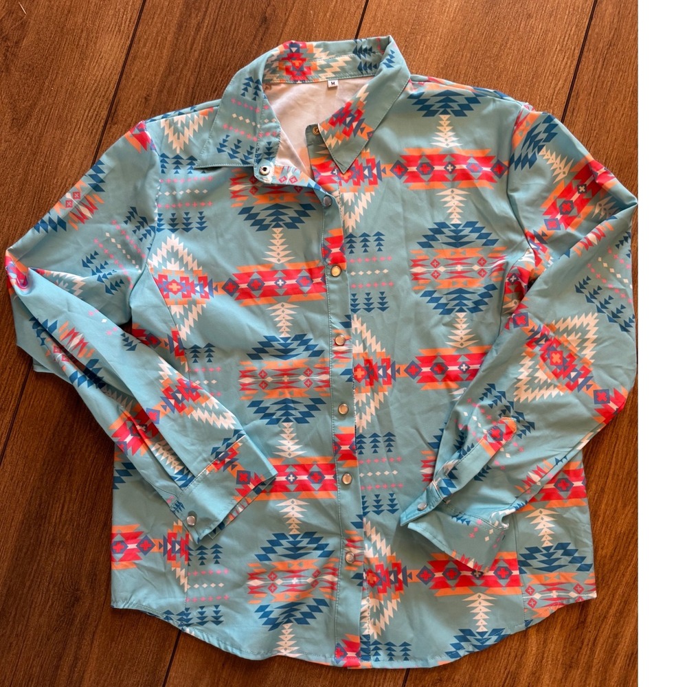 Turquoise Aztec Print Western Snap Button Down Shirt Medium Geometric Southwest